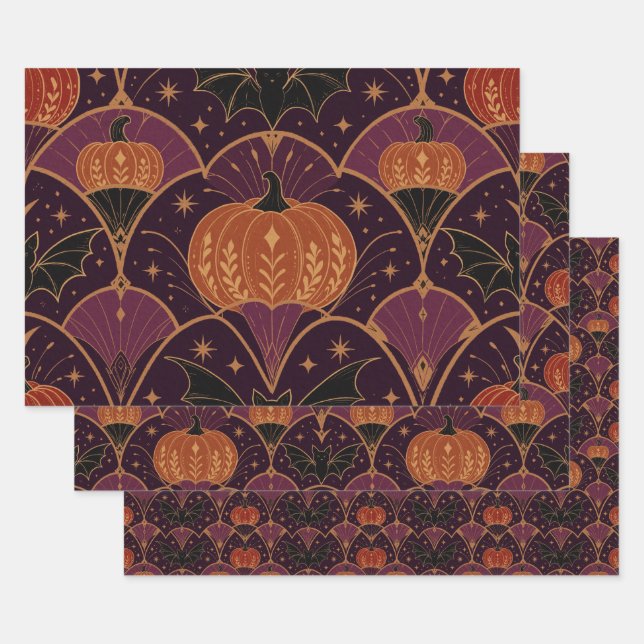 Gothic Halloween Pumpkin Damask Wrapping Paper (Set)