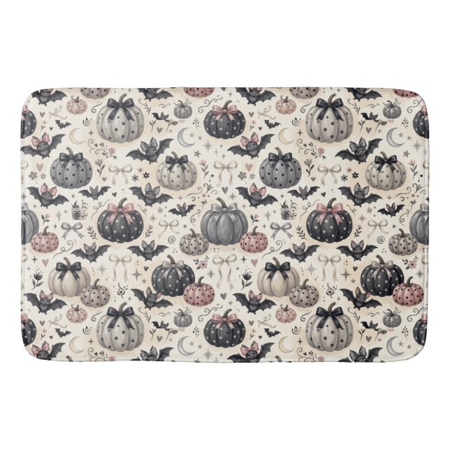 Gothic Halloween Pumpkins & Bats Pattern Bath Mat (Front)