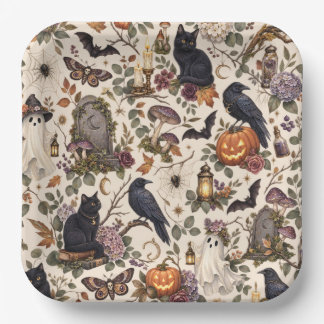 Gothic Halloween Ravens Cats Ghosts Floral Pattern Paper Plate