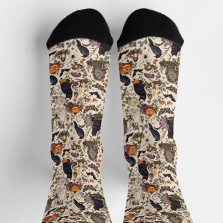 Gothic Halloween Ravens Cats Ghosts Floral Pattern Socks