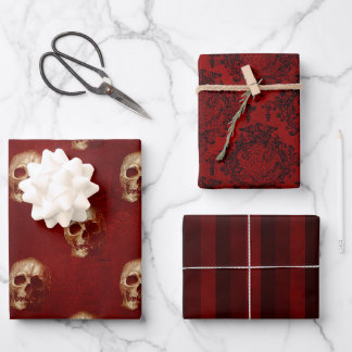 Gothic Halloween: Red Stripes, Skulls, and Damask Wrapping Paper Sheet