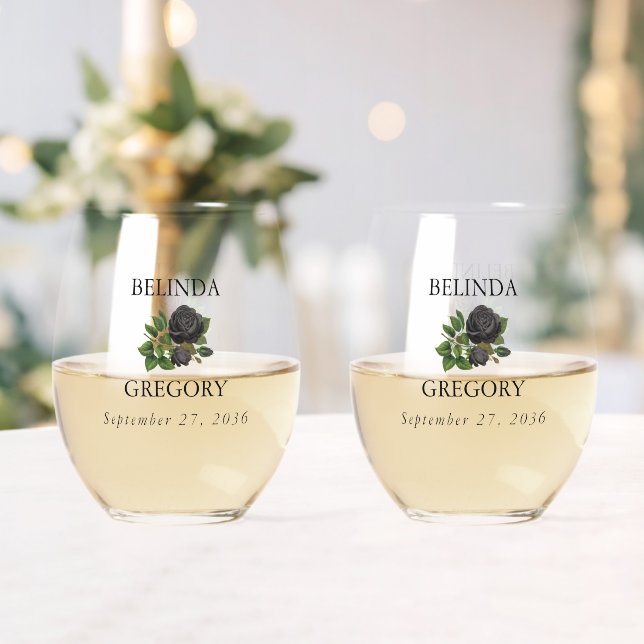 Gothic Halloween Roses White Wedding Stemless Wine Glass (Insitu (Wedding))