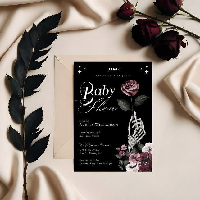 Gothic Halloween Skeleton Hand Rose Baby Shower Invitation (Gothic Halloween Skeleton Hand Rose Baby Shower Invitation (Front))