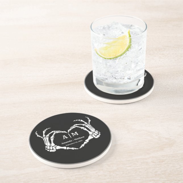 Gothic Halloween Skull Hand Heart Black Wedding Coaster (Side)