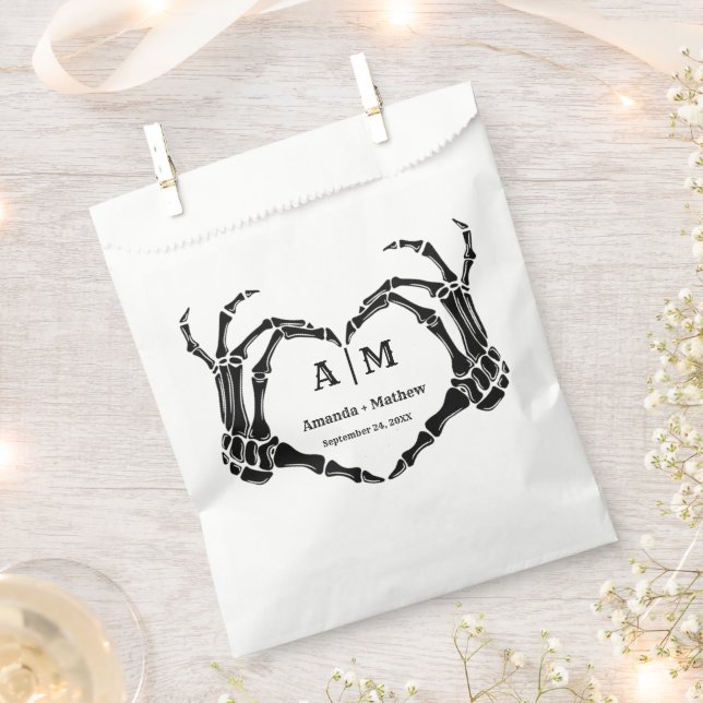 Gothic Halloween Skull Hand Heart Black Wedding Favour Bags (Clipped)