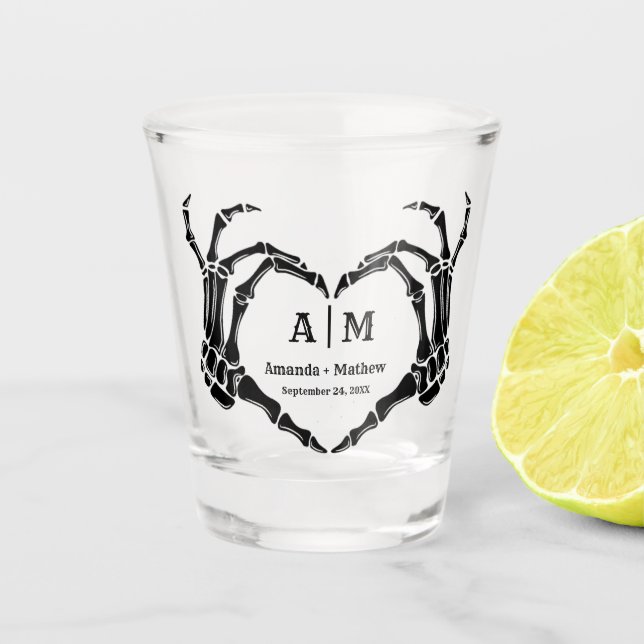 Gothic Halloween Skull Hand Heart Black Wedding Shot Glass (Front)