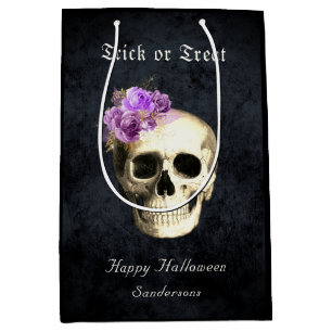 Gothic Halloween Skull Purple Roses Personalised Medium Gift Bag