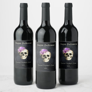 Gothic Halloween Skull Purple Roses Personalised Wine Label