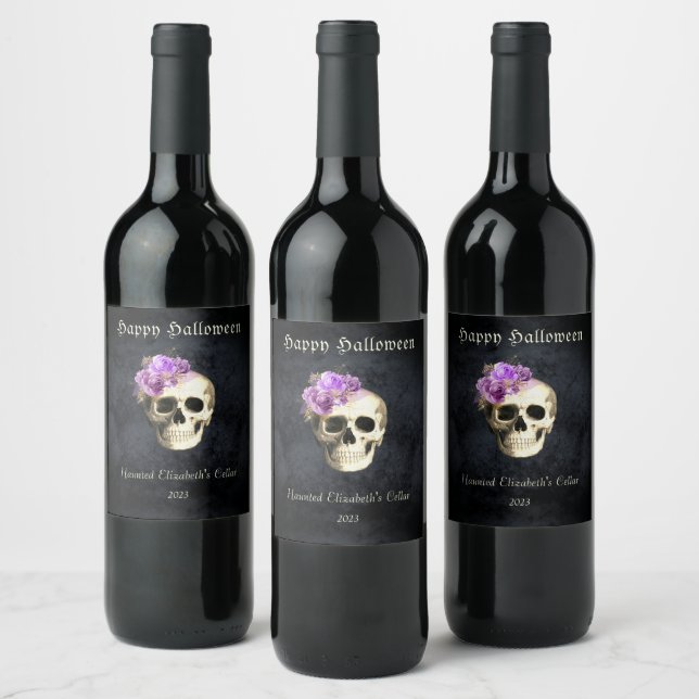 Gothic Halloween Skull Purple Roses Personalised  Wine Label (Bottles)
