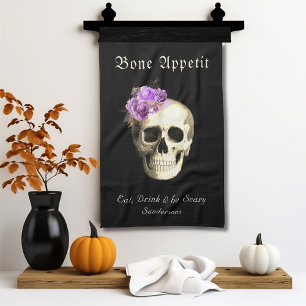  Gothic Halloween Skull Purple Roses Personalized  Tea Towel