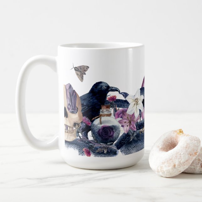 Gothic Halloween Skull & Raven Coffee Mug (With Donut)