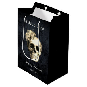 Gothic Halloween Skull White Roses Personalised Medium Gift Bag