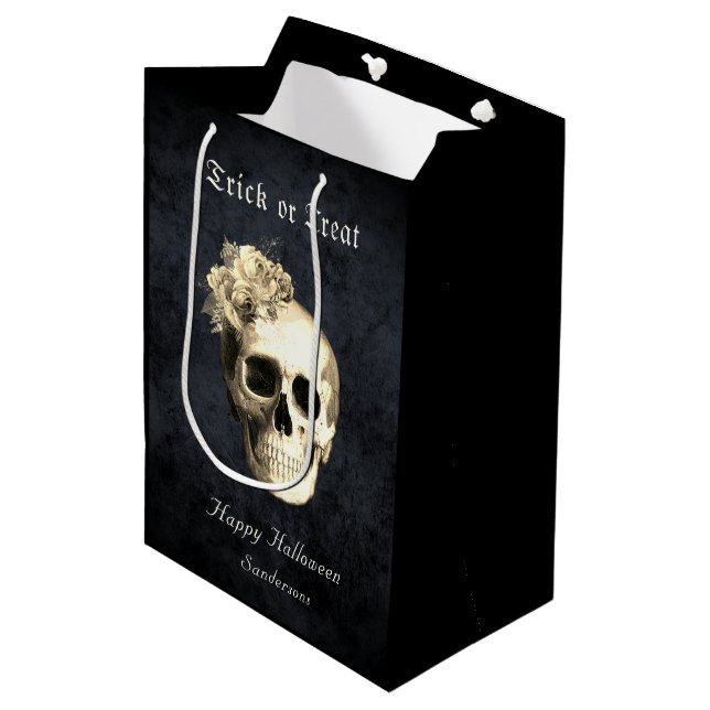 Gothic Halloween Skull White Roses Personalised Medium Gift Bag (Front Angled)