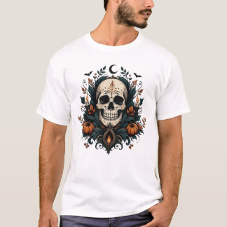 Gothic Halloween Skull with Pumpkins T-Shirt
