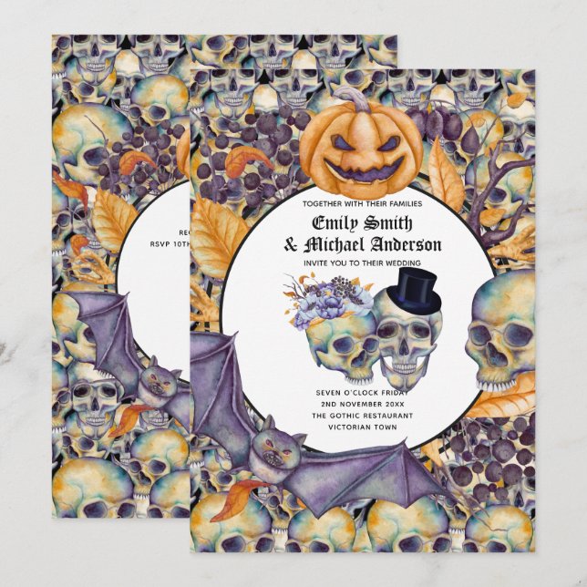 Gothic Halloween Skulls Party Invite Watercolor (Front/Back)