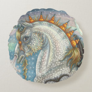 GOTHIC HALLOWEEN UNICORN WITH BAT WINGS, HORSE ROUND CUSHION