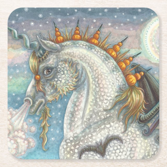 GOTHIC HALLOWEEN UNICORN WITH BAT WINGS, HORSE SQUARE PAPER COASTER (Front)