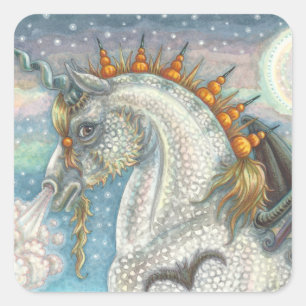 GOTHIC HALLOWEEN UNICORN WITH BAT WINGS, HORSE SQUARE STICKER