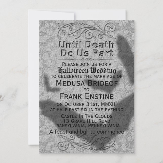 Gothic Halloween Wedding | Flying Bats Shadow Invitation (Front)