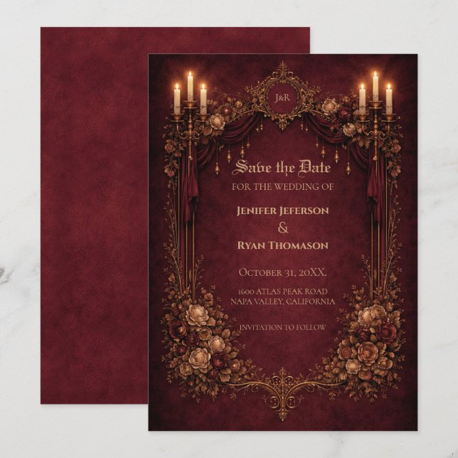 Gothic halloween wedding save the date invitation (Front/Back)
