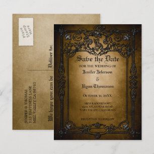 Gothic halloween wedding save the date postcard