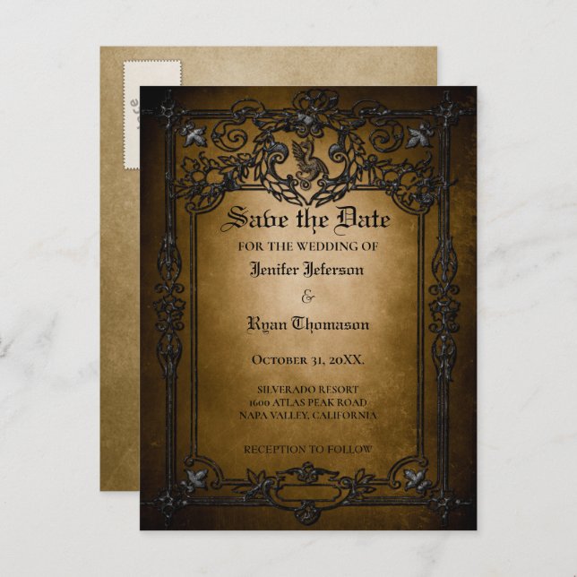 Gothic halloween wedding save the date postcard (Front/Back)