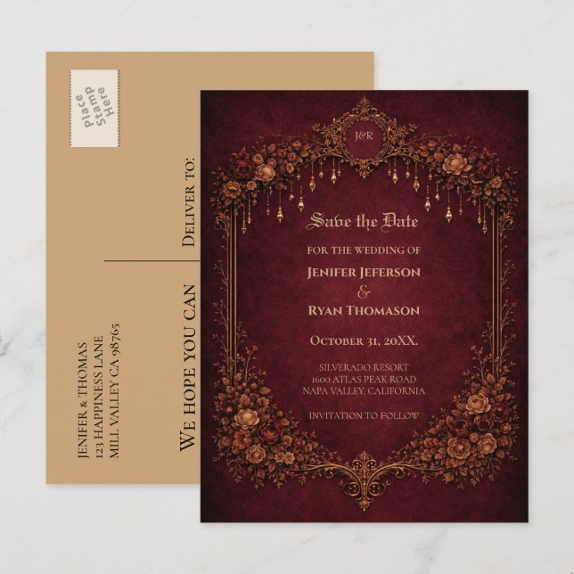 Gothic halloween wedding save the date postcard (Front/Back)