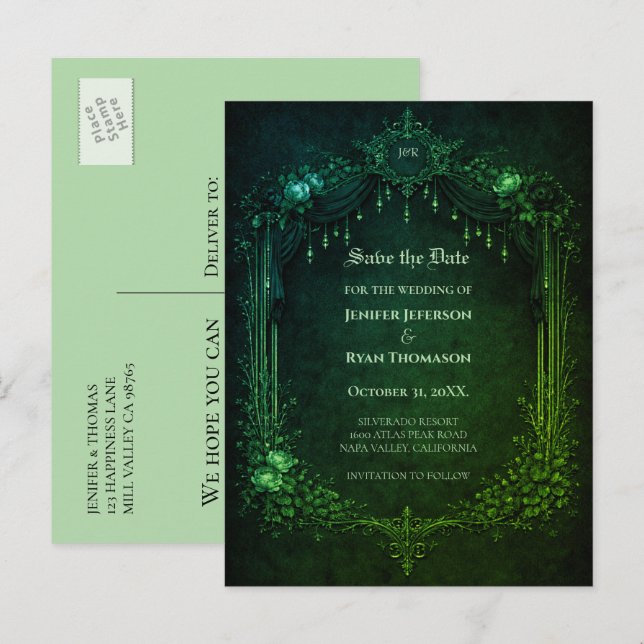 Gothic halloween wedding save the date postcard (Front/Back)