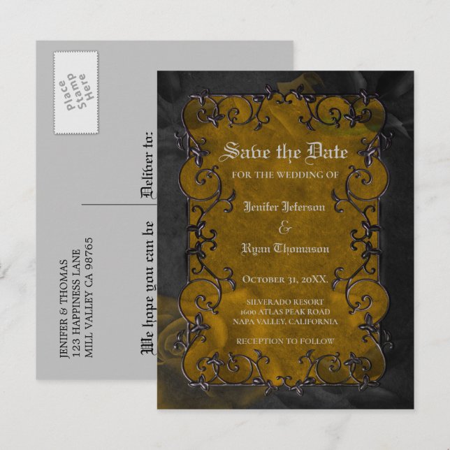 Gothic halloween wedding save the date postcard (Front/Back)