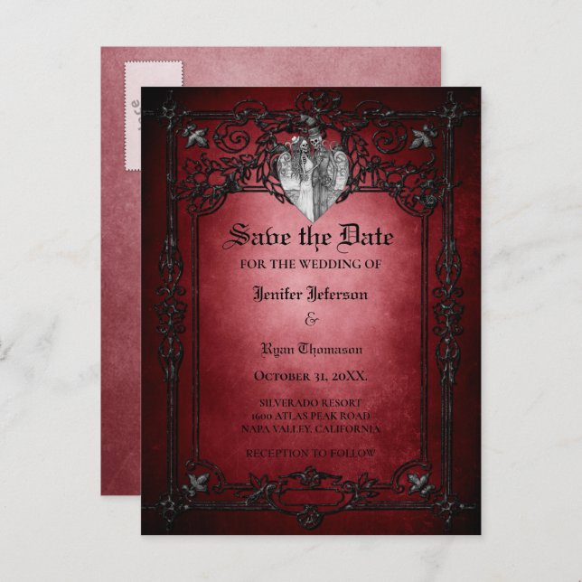 Gothic halloween wedding save the date postcard (Front/Back)