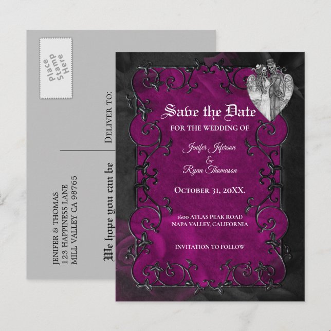 Gothic halloween wedding save the date postcard (Front/Back)