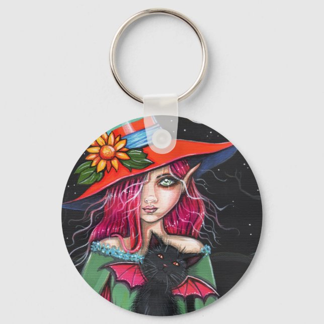 Gothic Halloween Witch Cat Keychain (Front)