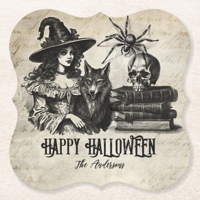 Gothic Halloween witch skull spider wolf Paper Coaster (Front)