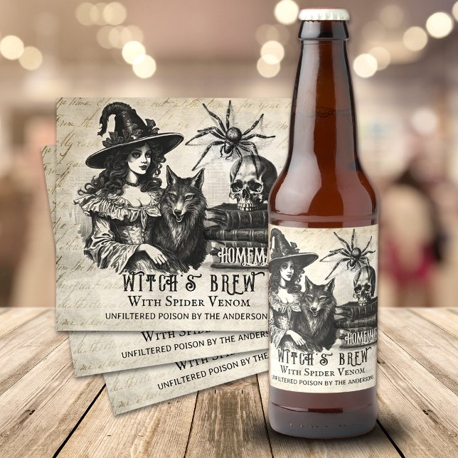 Gothic Halloween witch's brew skull venom poison Beer Bottle Label (Funny Halloween custom beer labels, Witch's Brew, Spider venom, Unfiltered poison)