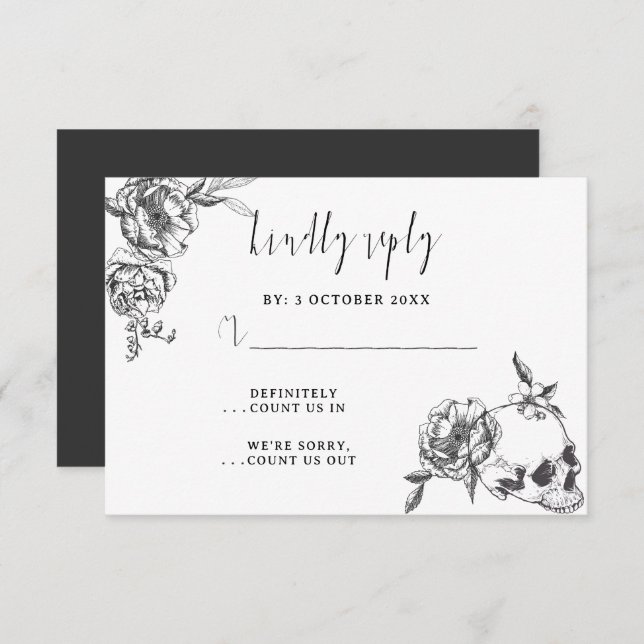 Gothic Hand drawn Flowers Skull RSVP card (Front/Back)