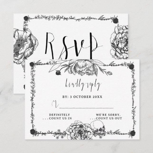 Gothic Hand drawn Flowers Skull RSVP card (Front/Back)