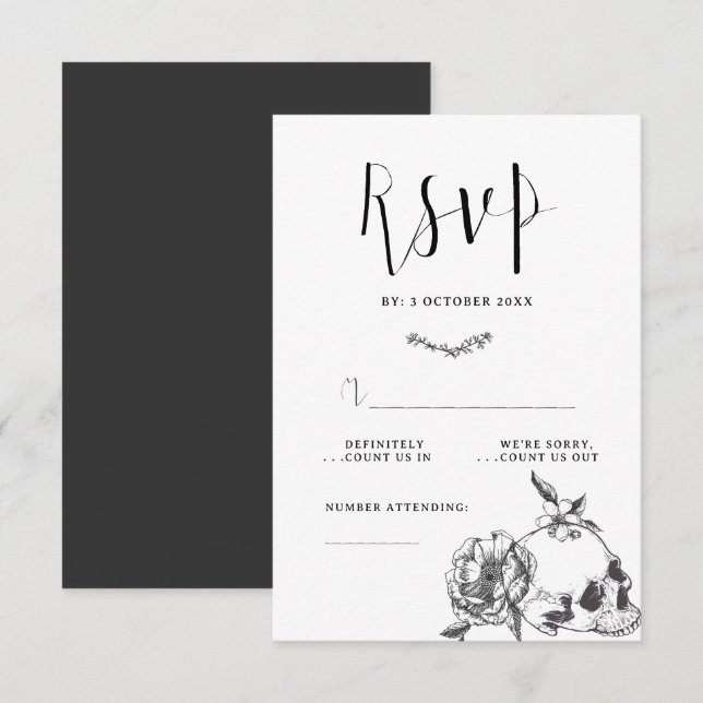 Gothic Hand drawn Flowers Skull RSVP card (Front/Back)