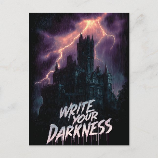 Gothic Haunted Castle Under Thunderstorm with Text Postcard (Front)