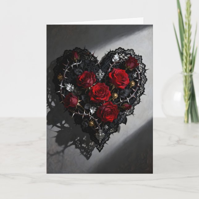 Gothic Heart and Roses Valentine's Day Holiday Card (Front)
