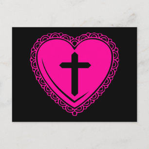 Gothic Heart + Cross (Black + Pink) Postcard