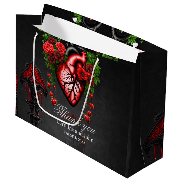 Gothic heart red flowers.  large gift bag (Front Angled)