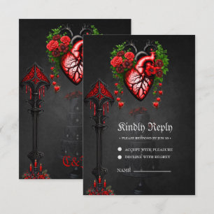 Gothic heart red flowers. RSVP card