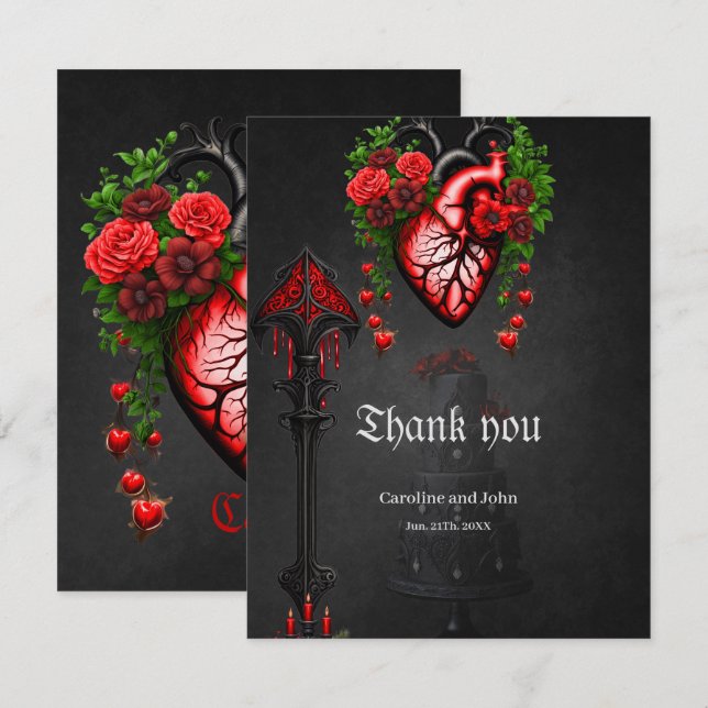 Gothic heart red flowers thank you card (Front/Back)