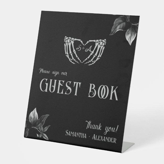 Gothic Heart Whimsigoth Silver Wedding Guest Book Pedestal Sign (Front)