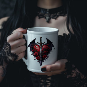 Gothic Heart with Wings, Sword and Red Roses Large Coffee Mug