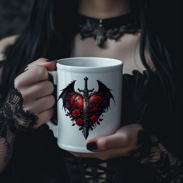 Gothic Heart with Wings, Sword and Red Roses Large Coffee Mug (Creator Uploaded)