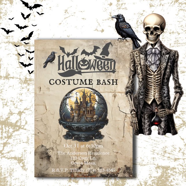 Gothic House in Snow Globe Halloween Costume Party Invitation (Gothic Victorian Adult Halloween Costume Party Invitation)