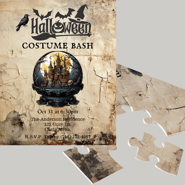 Gothic House in Snow Globe Halloween Party Invite Jigsaw Puzzle (Creator Uploaded)