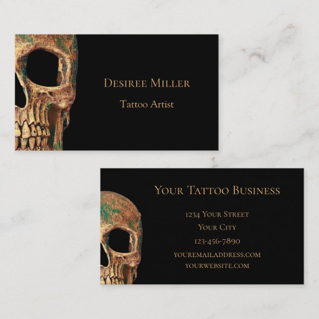 Gothic Human Half Skull Brown Green Tattoo Shop Business Card (Front/Back)
