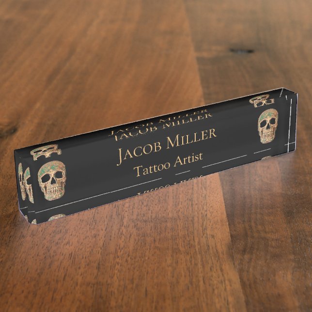 Gothic Human Half Skull Brown Green Tattoo Shop Nameplate (Side)